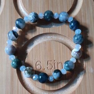 Natural Moss Agate and Light Blue Faceted Bead Stretch Bracelet